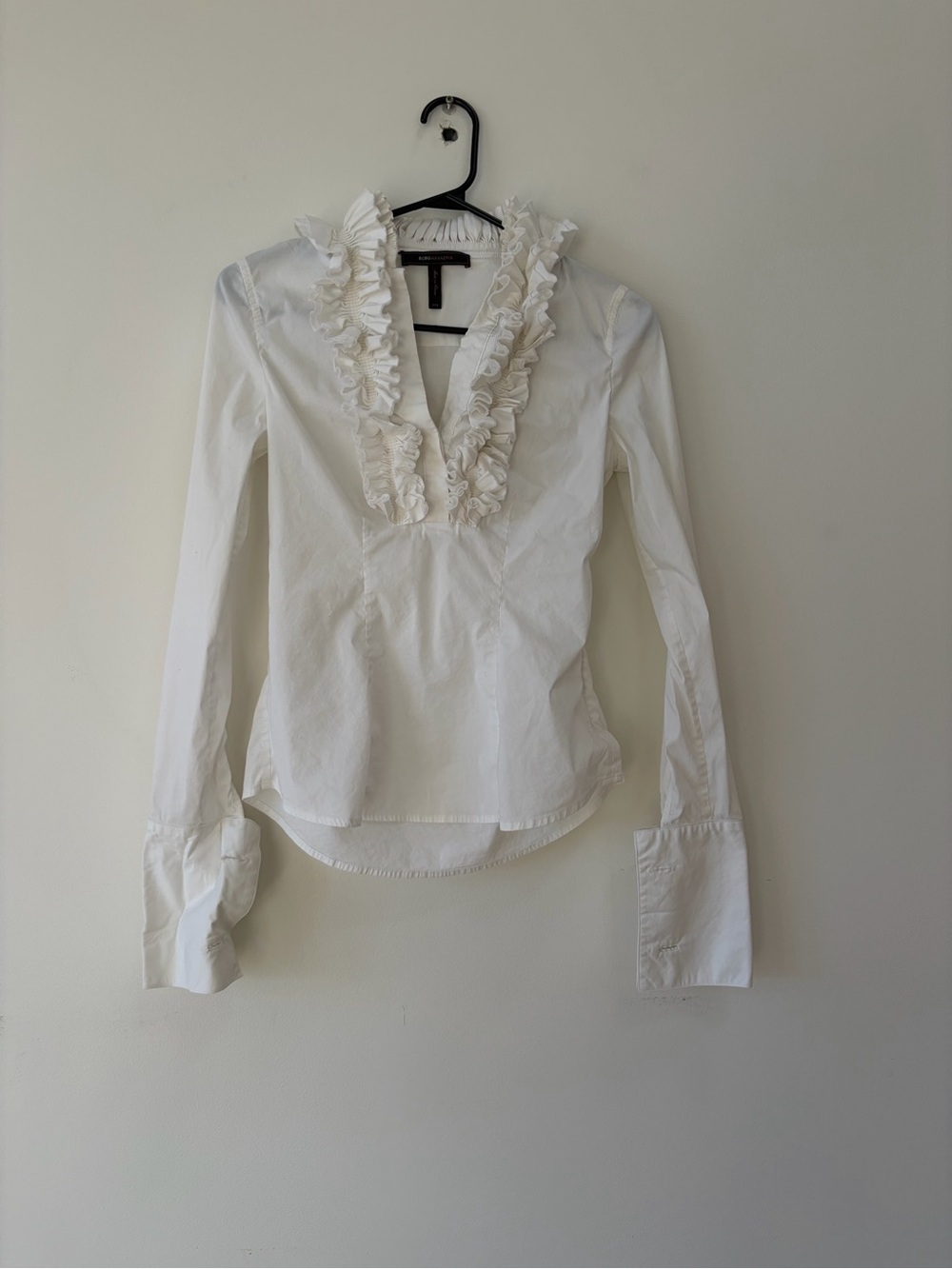 BCBGMaxAzria White Ruffle V-Neck Button-Down Blouse